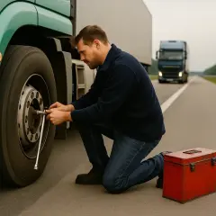 Kierowca naprawia koło w zielonym tirze diesel na poboczu drogi. Obok stoi czerwona skrzynka z narzędziami.