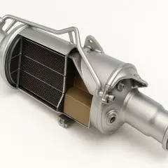 Przekrój filtra cząstek stałych (DPF) z widocznym wkładem ceramicznym. Oznaczenie DPF na tabliczce znamionowej jest kluczowe dla identyfikacji tego elementu.