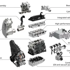 Rozłożony silnik 2.0 TDI: turbosprężarka, głowica, wtryski, turbosprężarka dwustopniowa, EGR, intercooler, wał korbowy.